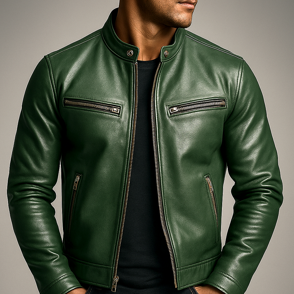 Band Collar Leather Jacket