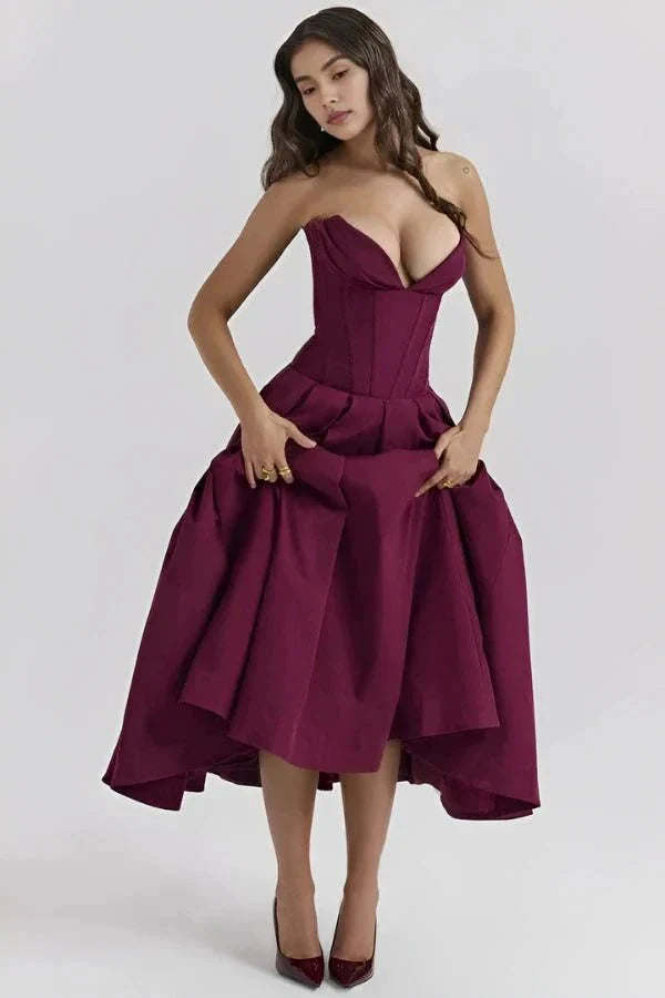 Strapless Boned Corset Midi Dress Voluminous Skirt