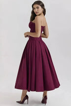 Strapless Boned Corset Midi Dress Voluminous Skirt