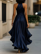 Satin Halter Gown with Ruffle Skirt