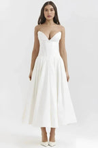 Strapless Boned Corset Midi Dress Voluminous Skirt