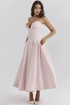 Strapless Boned Corset Midi Dress Voluminous Skirt
