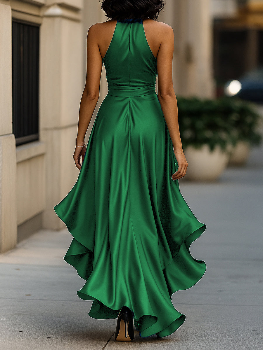Satin Halter Gown with Ruffle Skirt