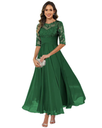 Elegant A-Line evening dress featuring lace detailing and flowing chiffon, designed with stylish 3/4 sleeves for a sophisticated look. 12