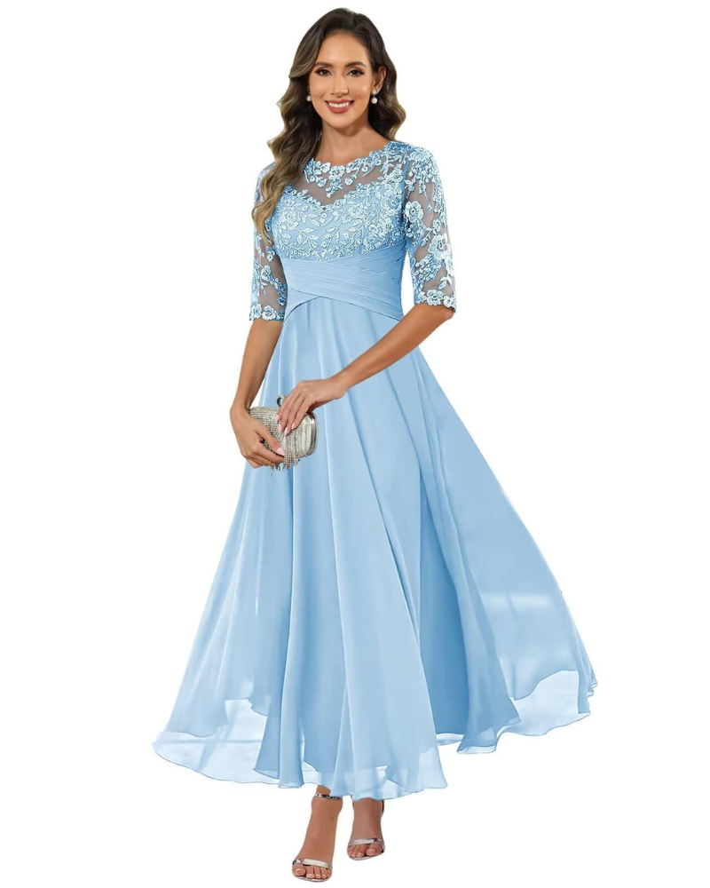 Elegant A-Line evening dress featuring lace detailing and flowing chiffon, designed with stylish 3/4 sleeves for a sophisticated look. 7