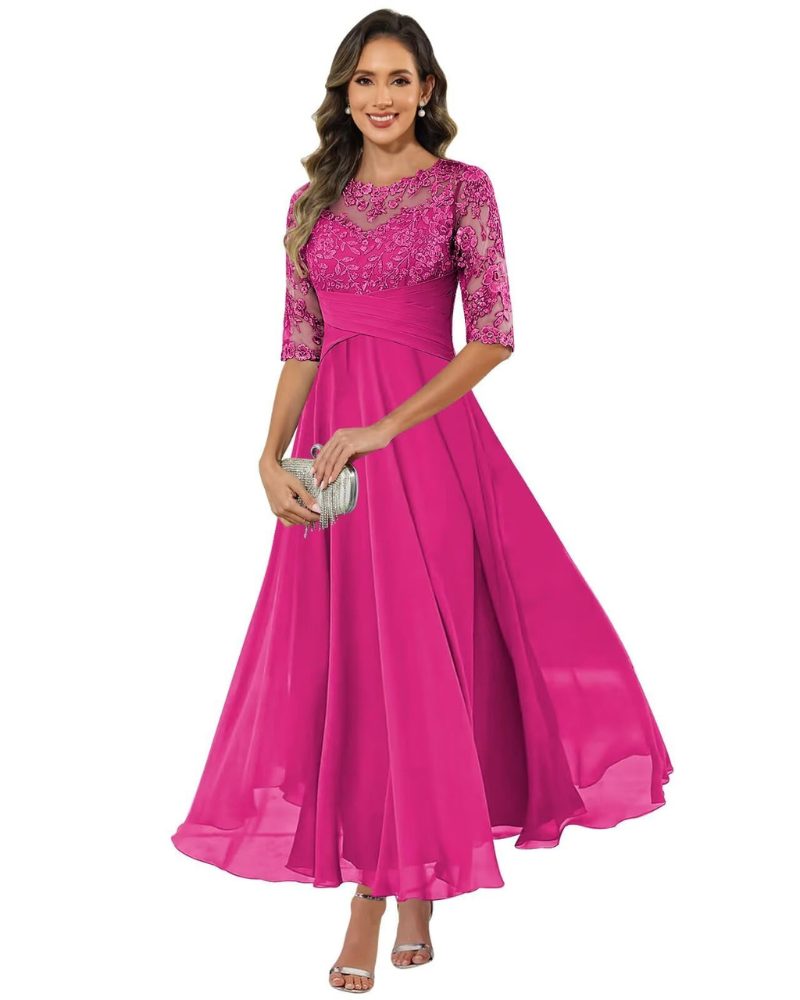 Elegant A-Line evening dress featuring lace detailing and flowing chiffon, designed with stylish 3/4 sleeves for a sophisticated look. 8