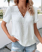 White Lace Trim V-Neck Blouse Women