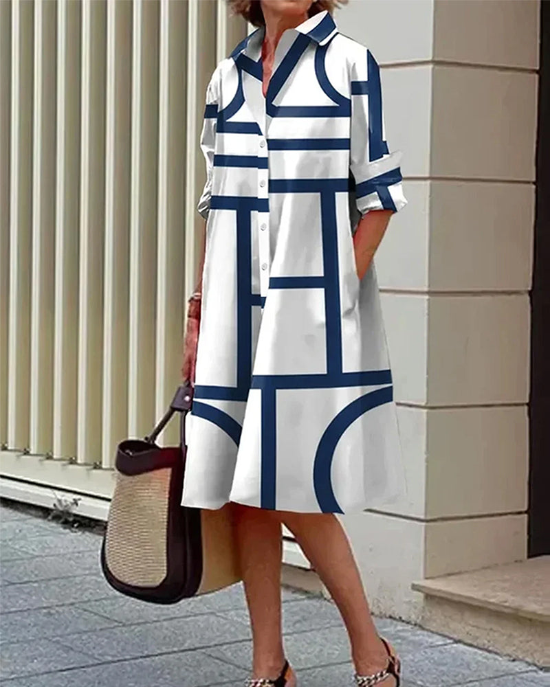 Geometric print dress with pockets made from a comfortable cotton-polyester blend, perfect for casual wear. 4