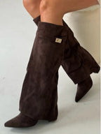 Knee high boots with a stylish flared top and comfortable block heel, perfect for fashionable fall and winter outfits. 10