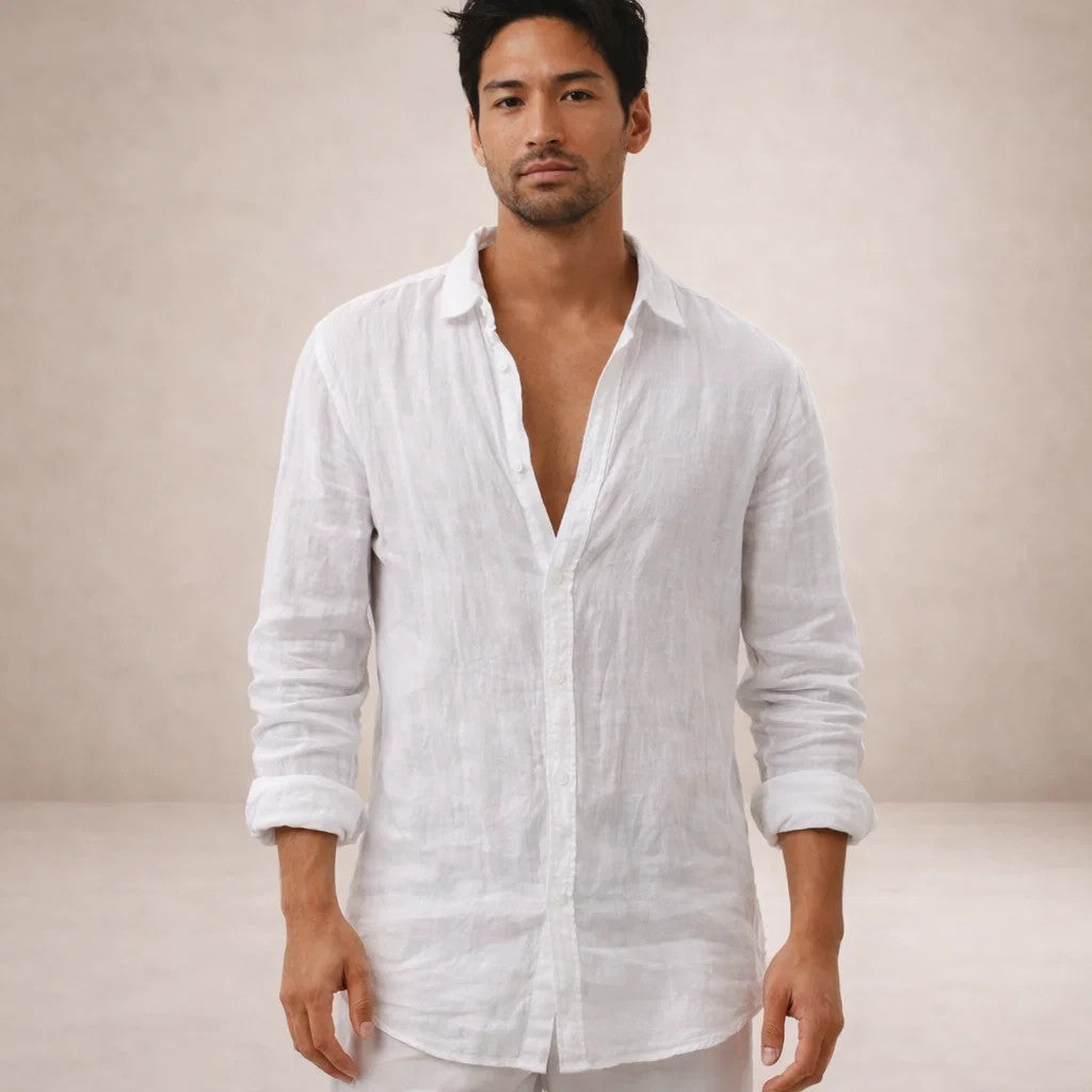 Men's linen shirt in regular fit with open collar and long sleeves, perfect for casual summer outings and stylish layering. 3