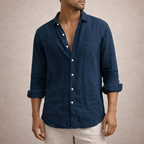 Men's linen shirt in regular fit with open collar and long sleeves, perfect for casual summer outings and stylish layering. 9