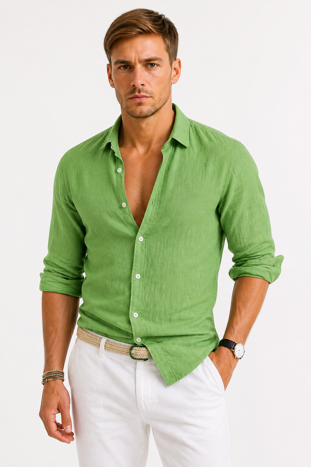 Men's linen shirt featuring a classic collar, long sleeves, and a slim fit design, perfect for casual and semi-formal occasions. 10