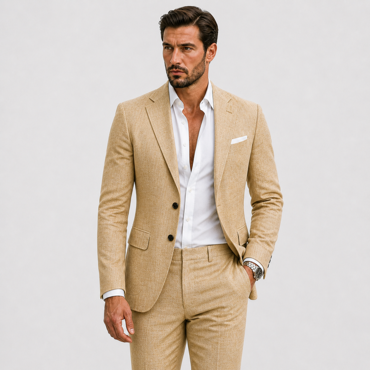Men's slim fit linen suit in light beige, perfect for weddings and casual events, featuring a tailored design and breathable fabric for comfort and style. 4