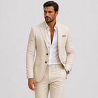 Men's slim fit linen suit in light beige, perfect for weddings and casual events, featuring a tailored design and breathable fabric for comfort and style. 5