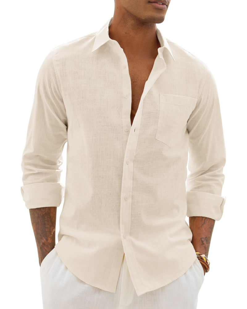Men's Long Sleeve Shirt, Cotton Linen Blend, Casual Fit 8