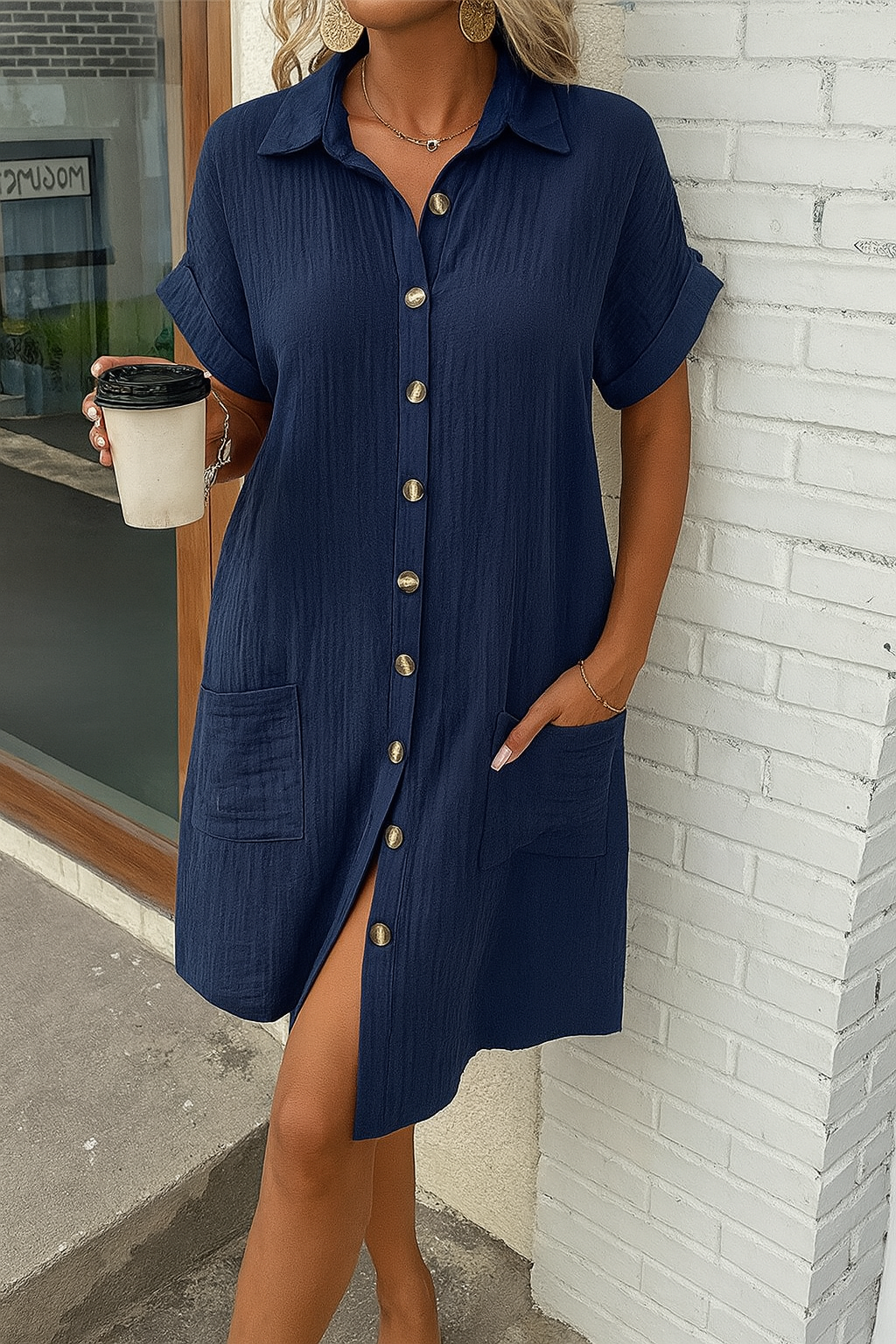 Linen Blend Midi Shirt Dress