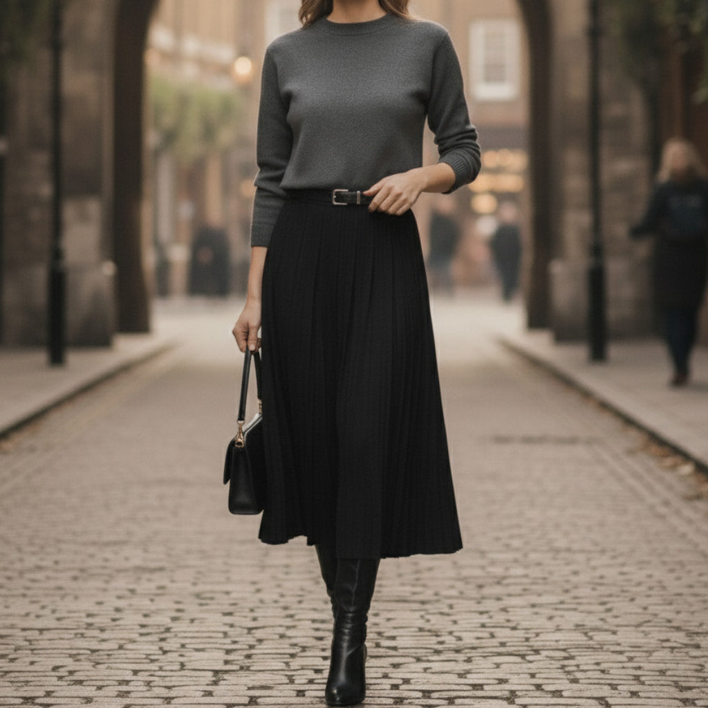 Pleated Midi Skirt Women High Waist