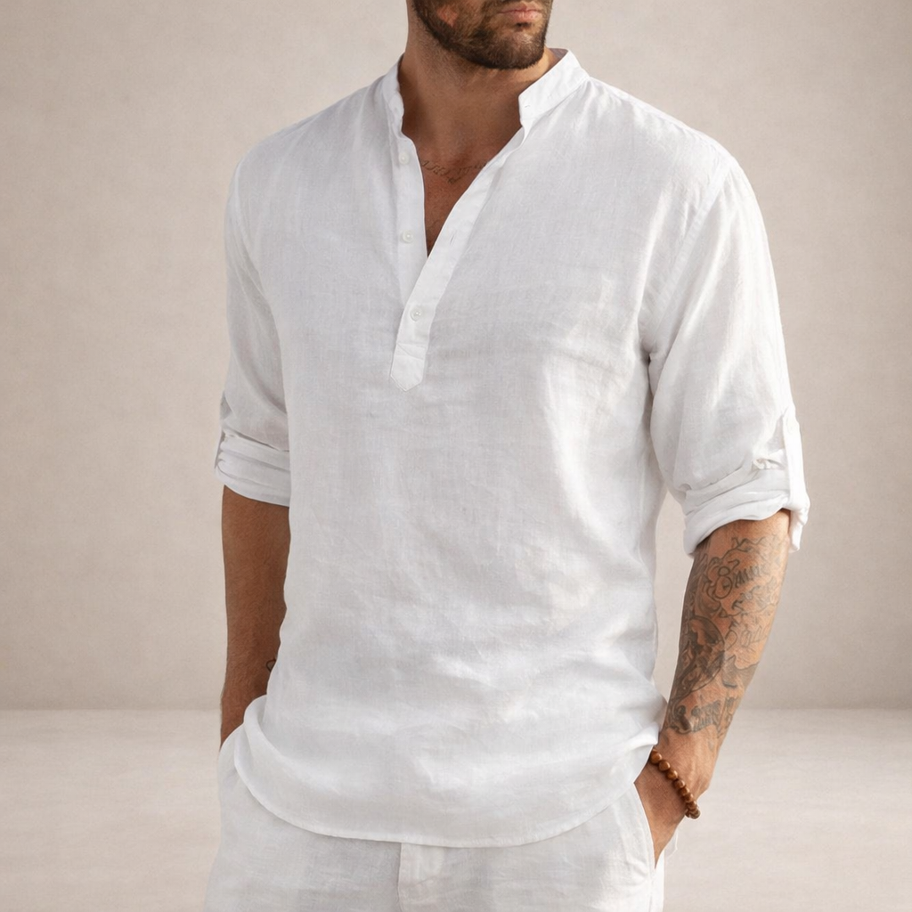 Regular fit linen shirt featuring a stylish stand-up collar and long sleeves, perfect for casual or semi-formal occasions. 0