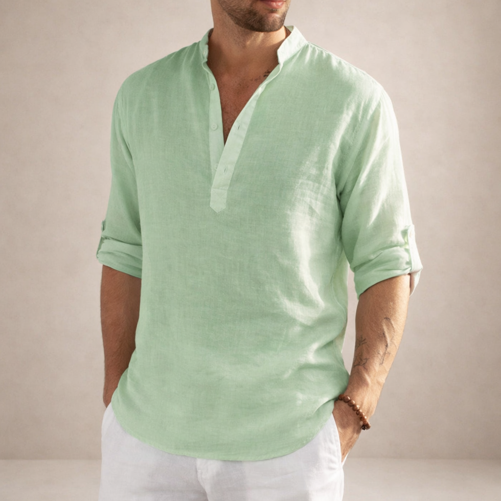 Regular fit linen shirt featuring a stylish stand-up collar and long sleeves, perfect for casual or semi-formal occasions. 10