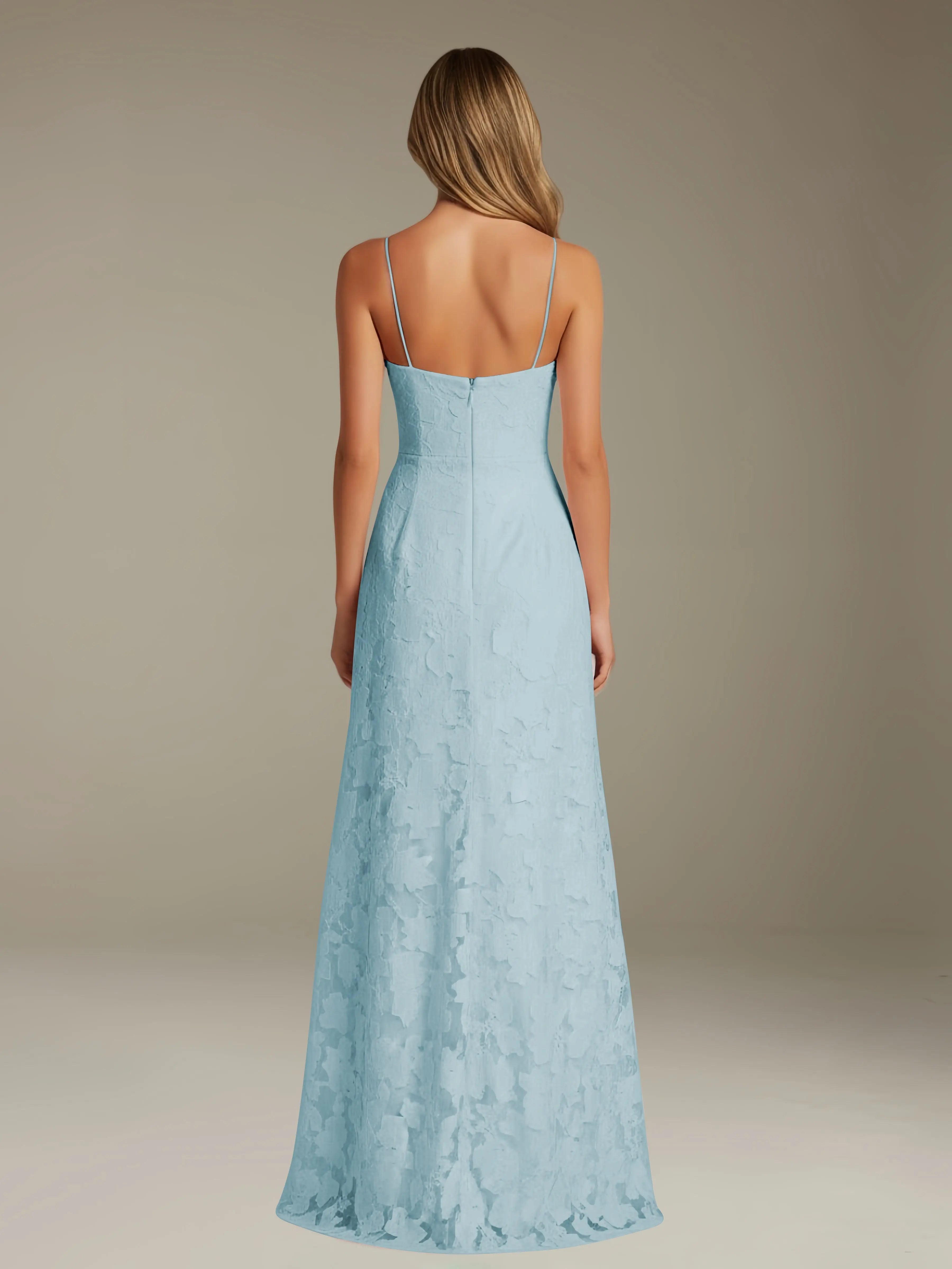 Elegant women's A-line evening dress in a rich hue, designed for formal occasions and wedding guests, featuring a sophisticated side slit for added allure. 1