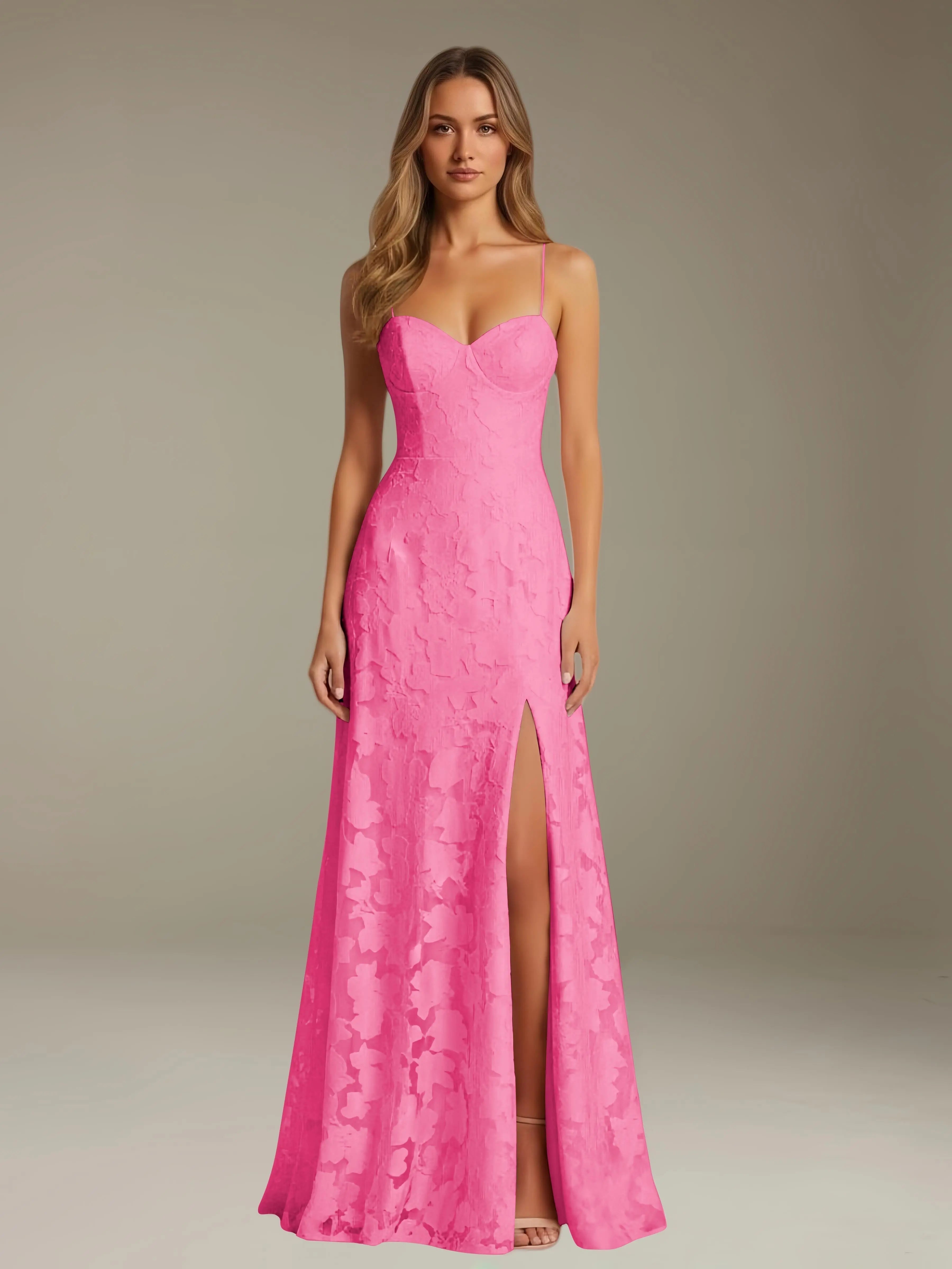 Elegant women's A-line evening dress in a rich hue, designed for formal occasions and wedding guests, featuring a sophisticated side slit for added allure. 11