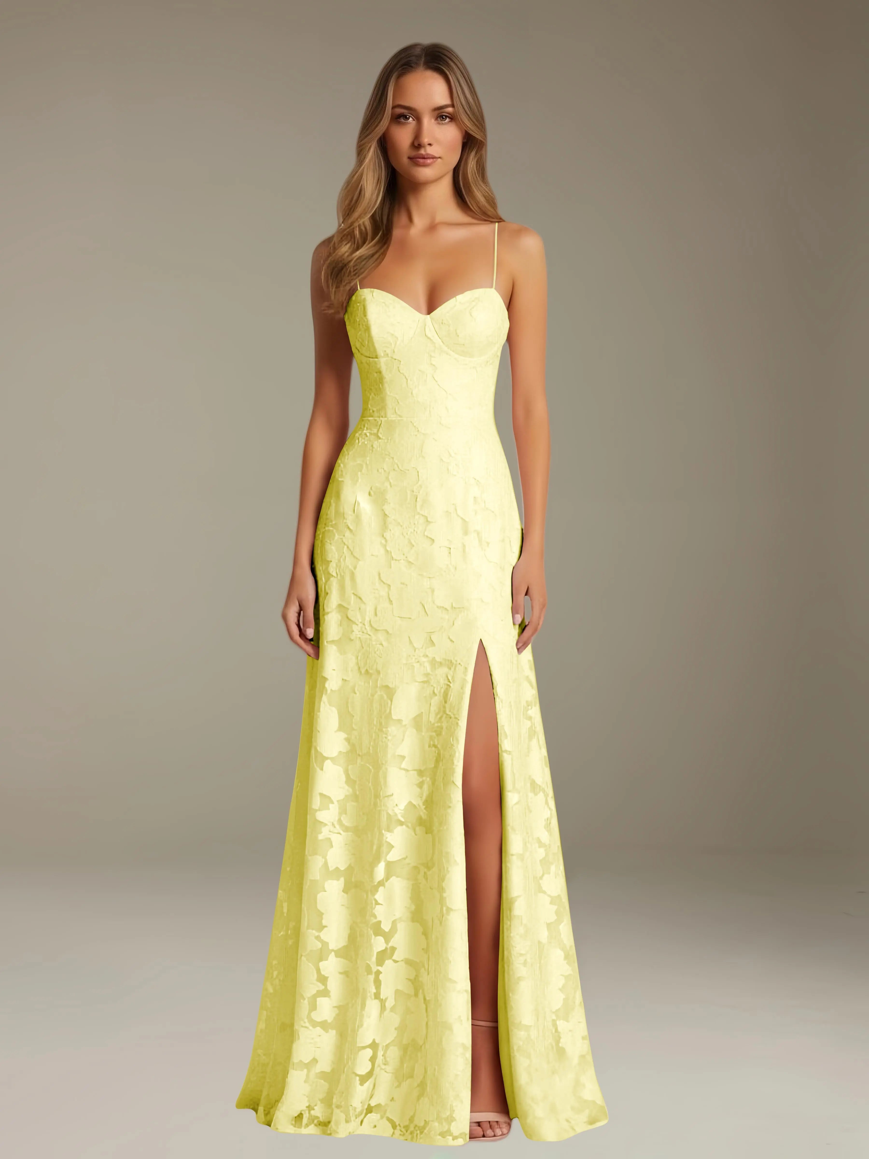 Elegant women's A-line evening dress in a rich hue, designed for formal occasions and wedding guests, featuring a sophisticated side slit for added allure. 14