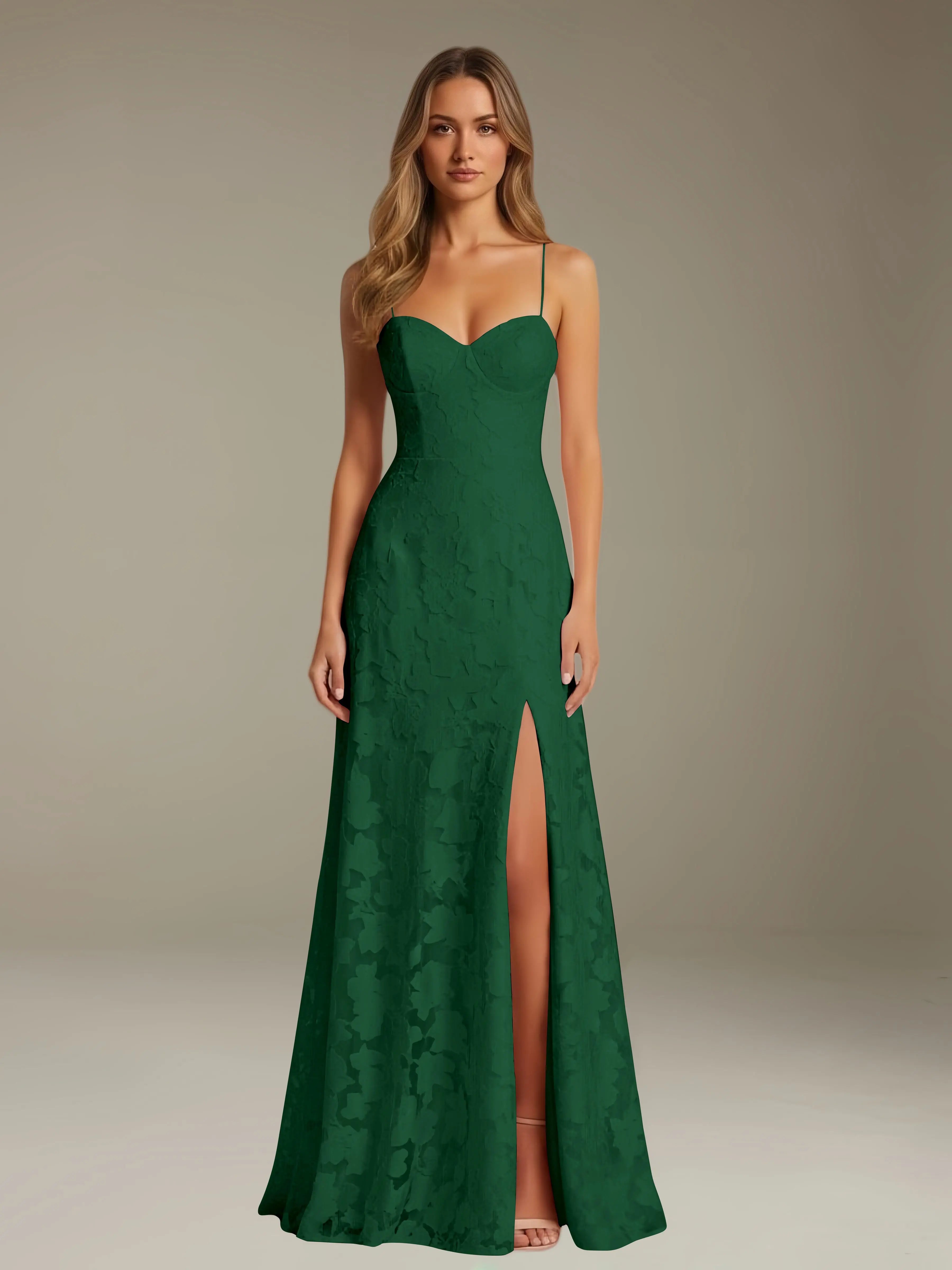 Elegant women's A-line evening dress in a rich hue, designed for formal occasions and wedding guests, featuring a sophisticated side slit for added allure. 16