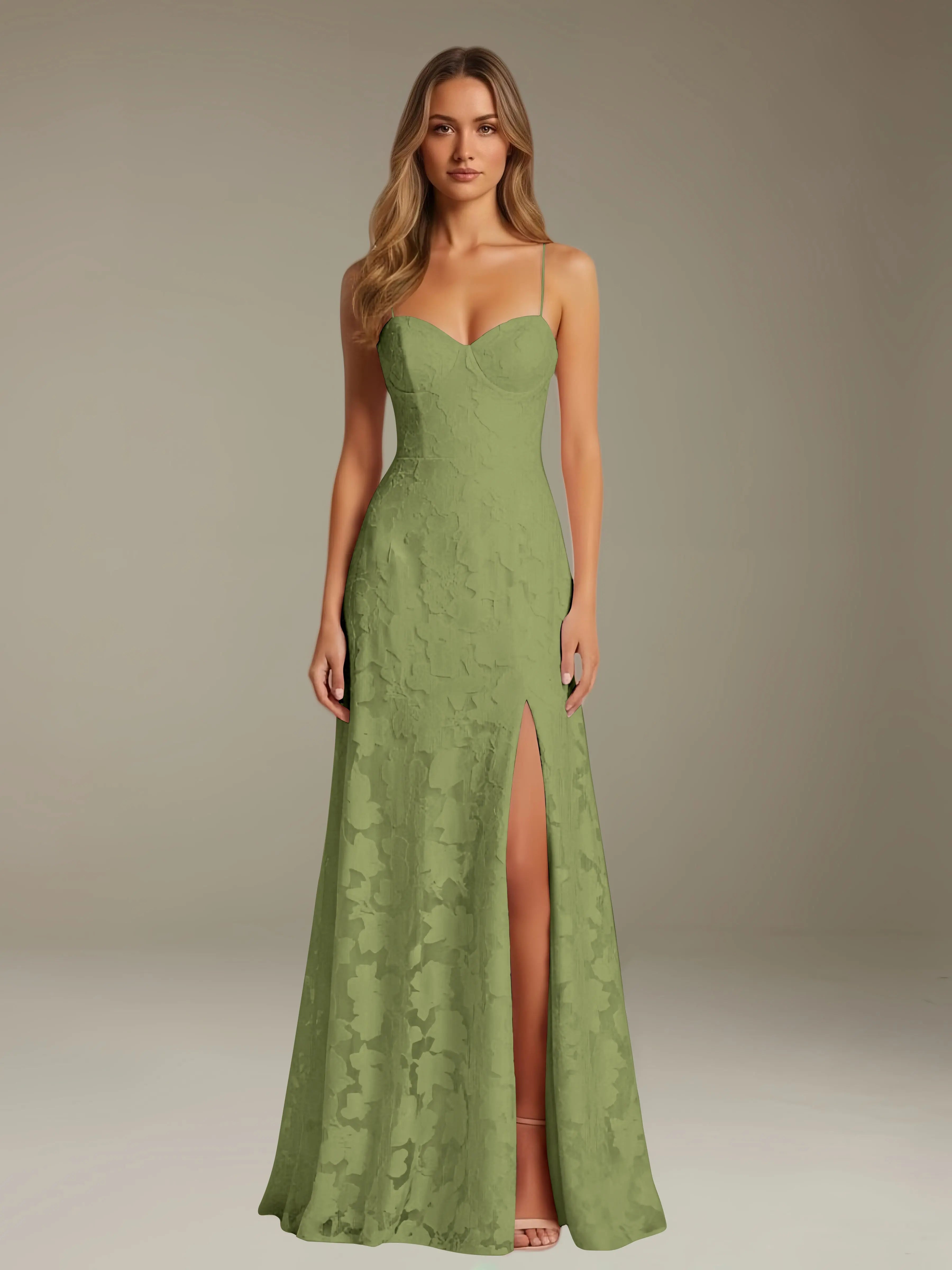 Elegant women's A-line evening dress in a rich hue, designed for formal occasions and wedding guests, featuring a sophisticated side slit for added allure. 17