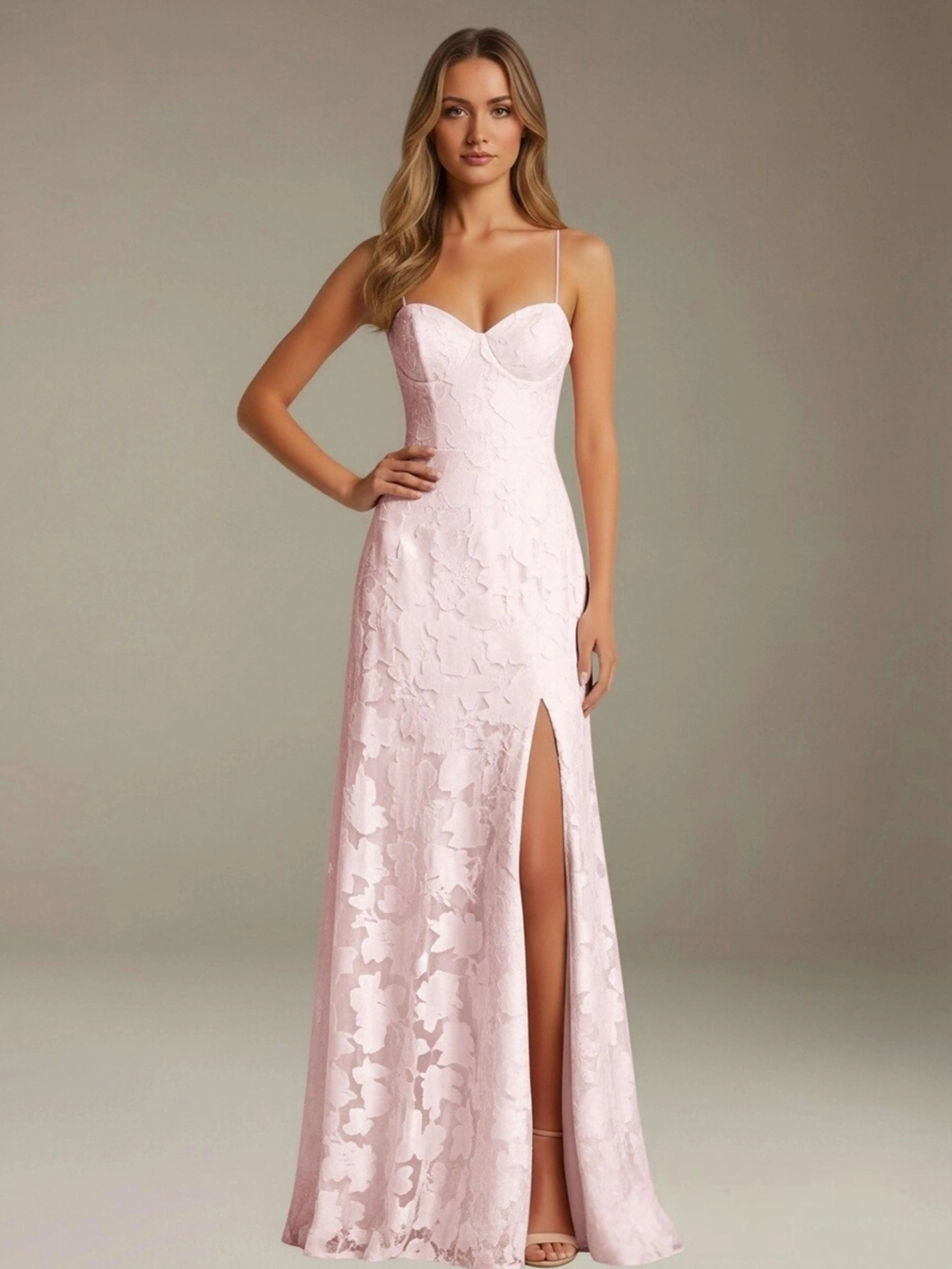 Elegant women's A-line evening dress in a rich hue, designed for formal occasions and wedding guests, featuring a sophisticated side slit for added allure. 3