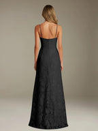 Elegant women's A-line evening dress in a rich hue, designed for formal occasions and wedding guests, featuring a sophisticated side slit for added allure. 6