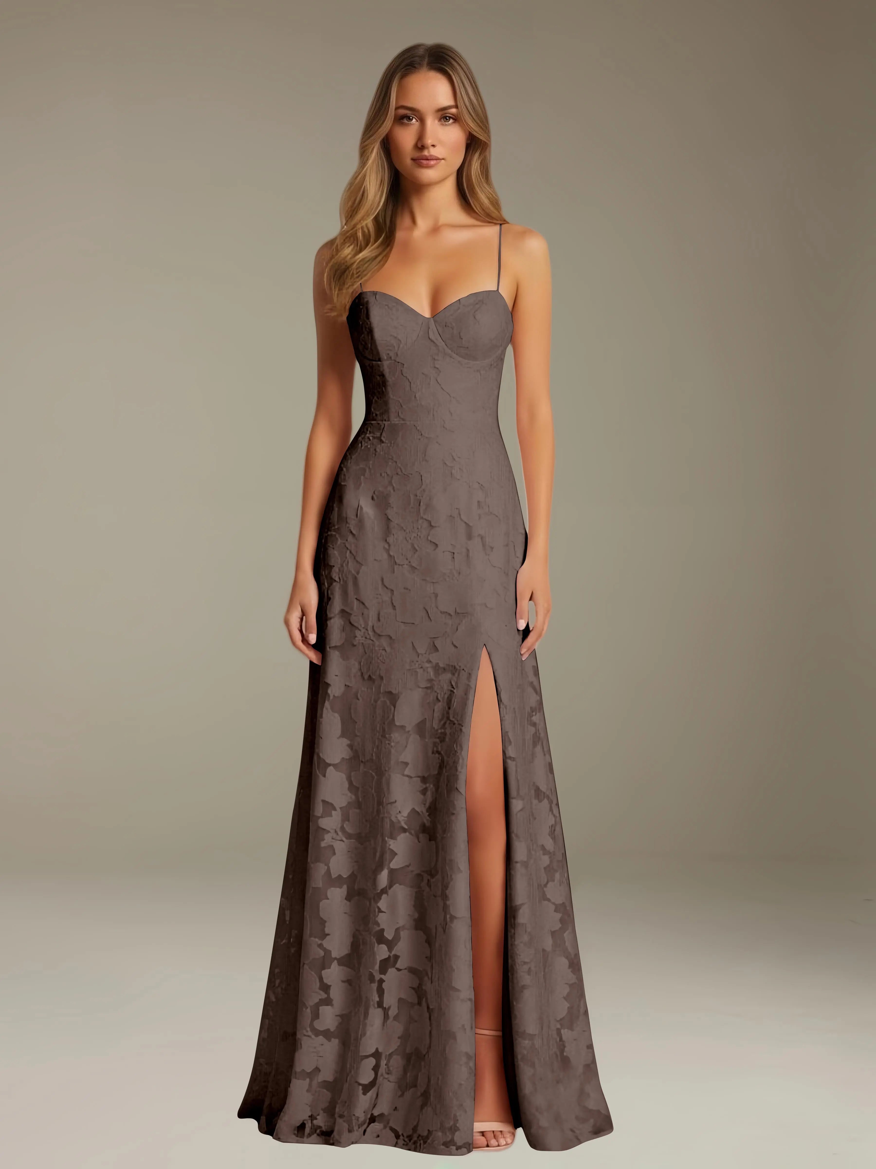 Elegant women's A-line evening dress in a rich hue, designed for formal occasions and wedding guests, featuring a sophisticated side slit for added allure. 7