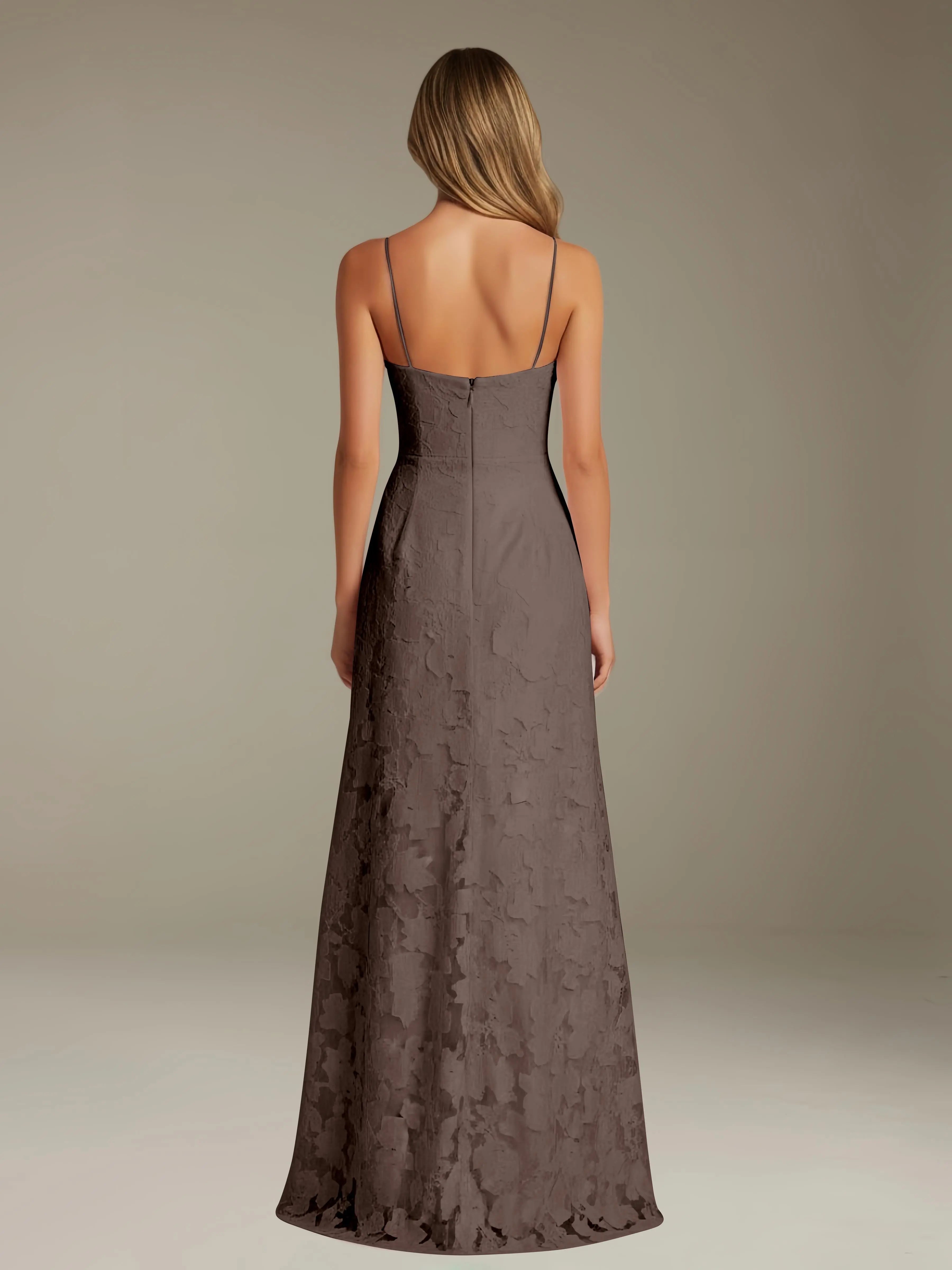 Elegant women's A-line evening dress in a rich hue, designed for formal occasions and wedding guests, featuring a sophisticated side slit for added allure. 8