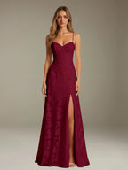 Elegant women's A-line evening dress in a rich hue, designed for formal occasions and wedding guests, featuring a sophisticated side slit for added allure. 9