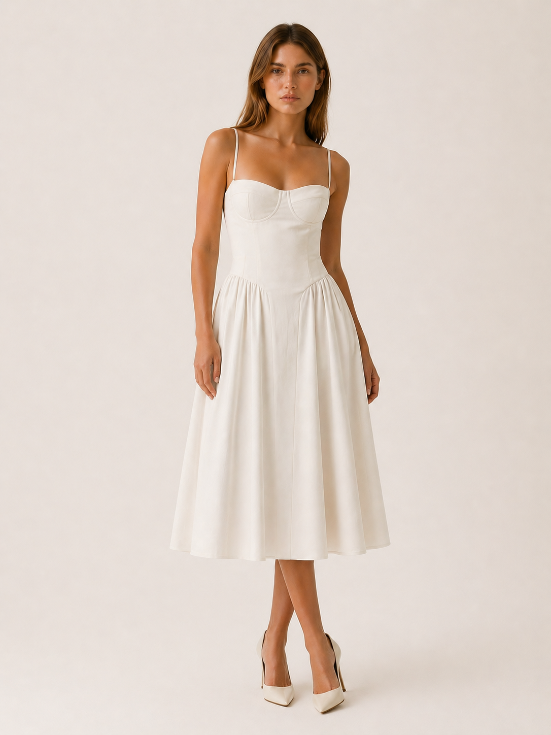 Elegant women's corset midi dress featuring a flattering sweetheart neckline, perfect for summer occasions, with a stylish design that enhances the feminine silhouette. 4