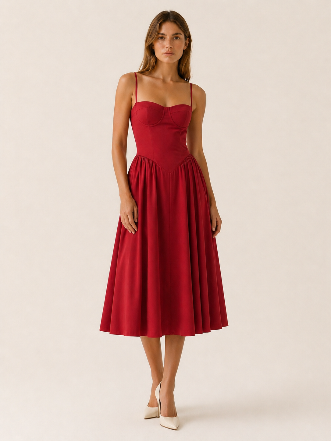 Elegant women's corset midi dress featuring a flattering sweetheart neckline, perfect for summer occasions, with a stylish design that enhances the feminine silhouette. 6