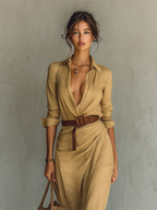 Women's long shirtdress with a belted waist, perfect for summer occasions and formal events, featuring a stylish collar and lightweight fabric. 4