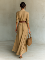 Women's long shirtdress with a belted waist, perfect for summer occasions and formal events, featuring a stylish collar and lightweight fabric. 6