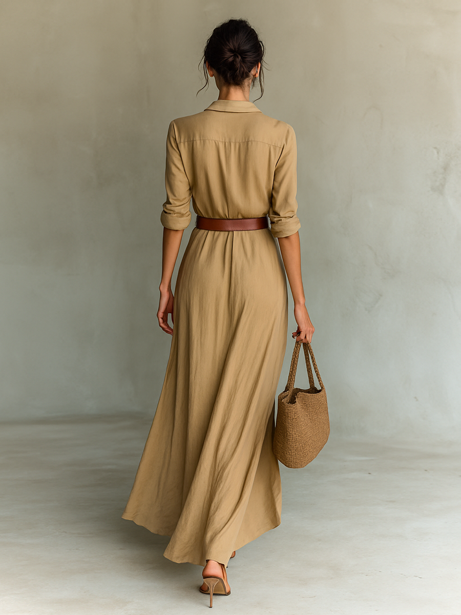 Women's long shirtdress with a belted waist, perfect for summer occasions and formal events, featuring a stylish collar and lightweight fabric. 6