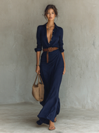 Women's long shirtdress with a belted waist, perfect for summer occasions and formal events, featuring a stylish collar and lightweight fabric. 7