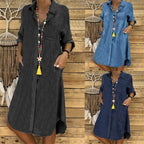 Women's relaxed fit denim shirt dress in a casual style, perfect for everyday wear, featuring a flattering silhouette and versatile design. 6