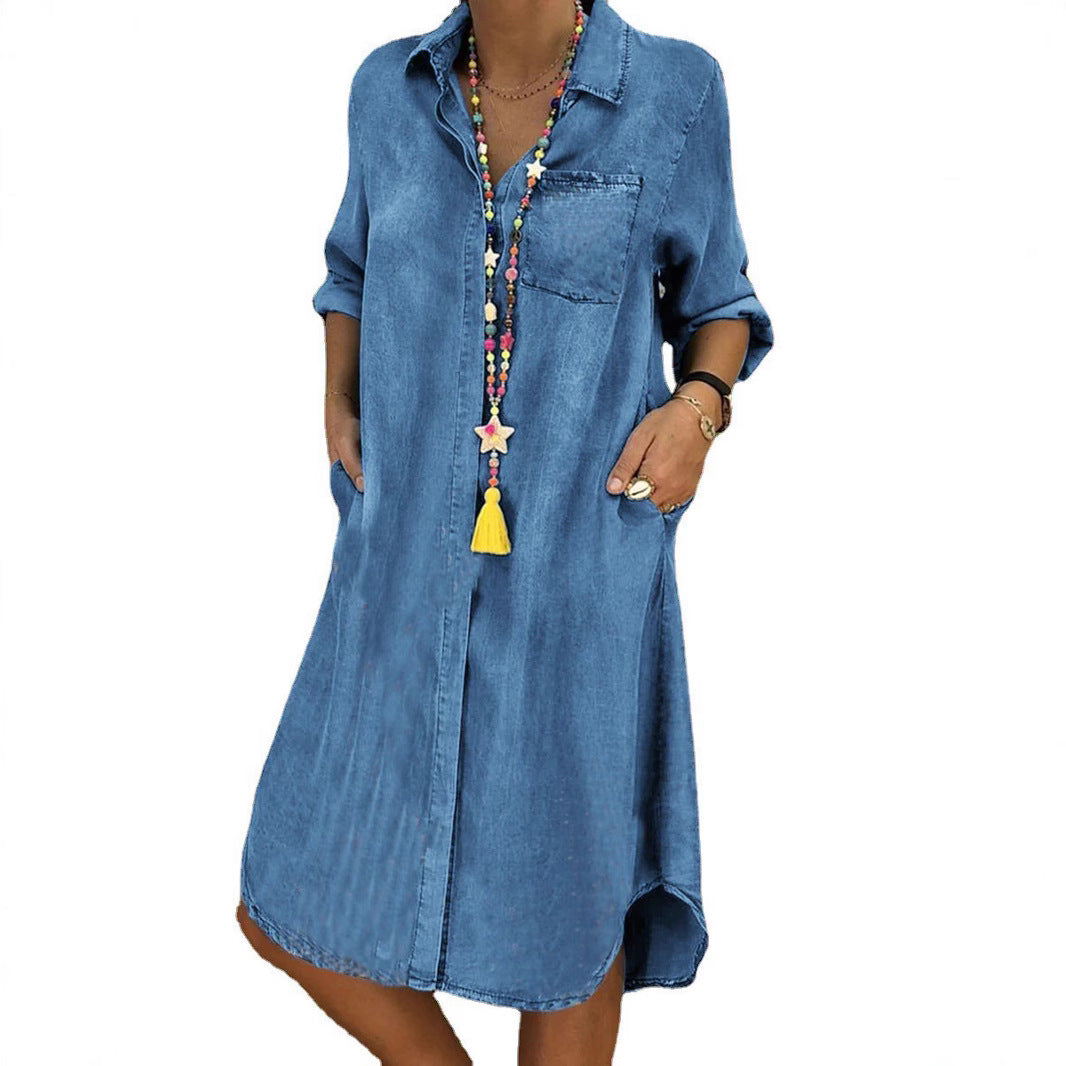 Women's relaxed fit denim shirt dress in a casual style, perfect for everyday wear, featuring a flattering silhouette and versatile design. 7