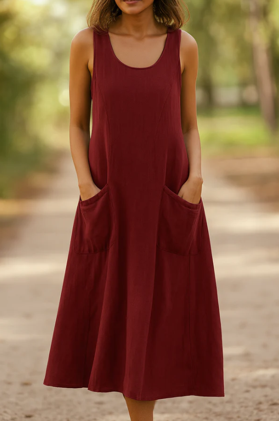 Women's relaxed maxi dress featuring stylish pockets, perfect for summer occasions, showcasing a lightweight fabric and a comfortable fit. 3