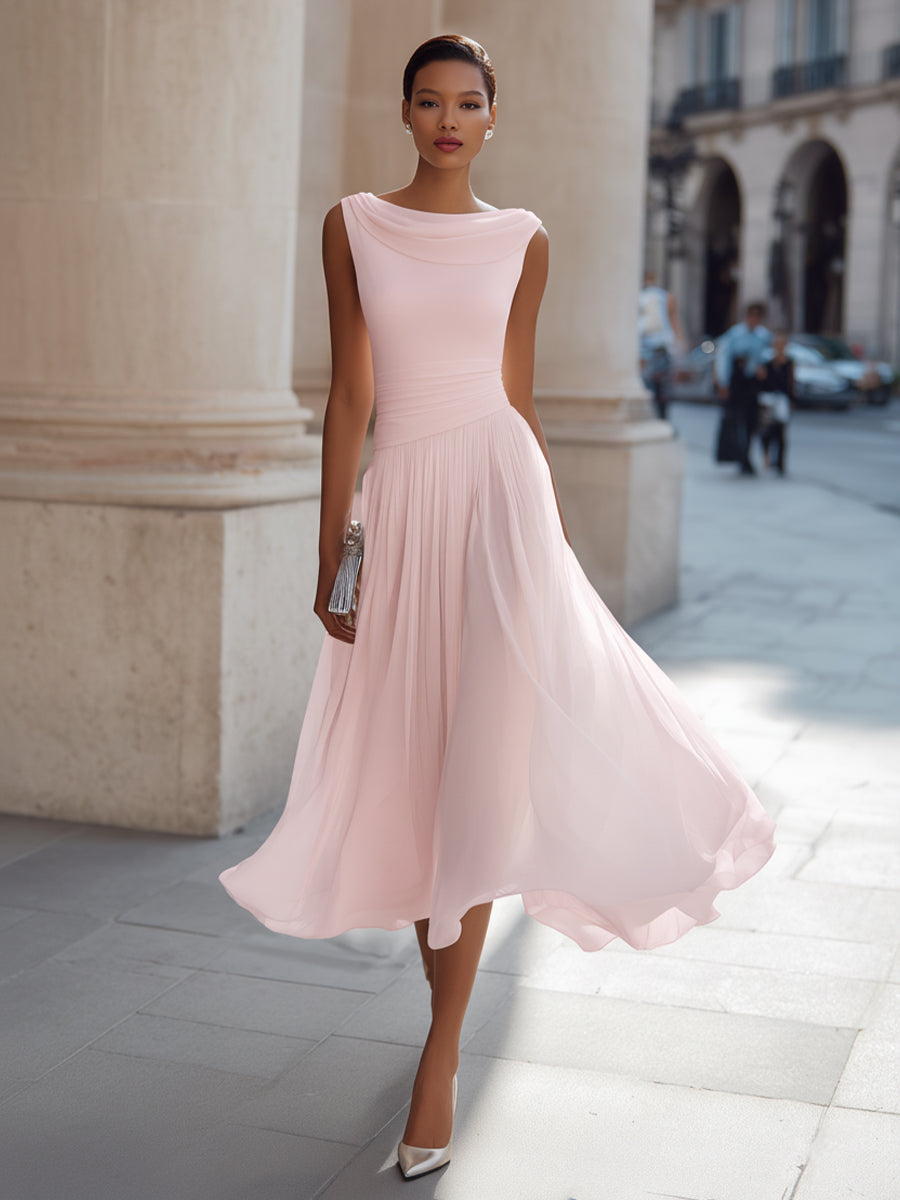 Women's sleeveless pleated midi dress in plus size, perfect for formal cocktails, featuring a flattering silhouette and elegant design. 12