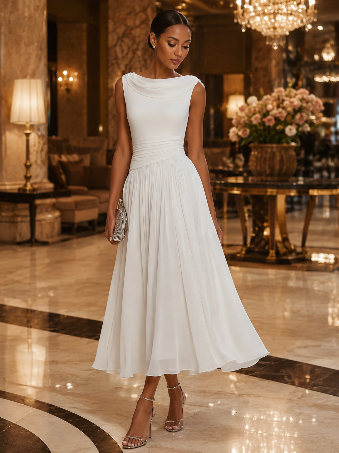 Women's sleeveless pleated midi dress in plus size, perfect for formal cocktails, featuring a flattering silhouette and elegant design. 6