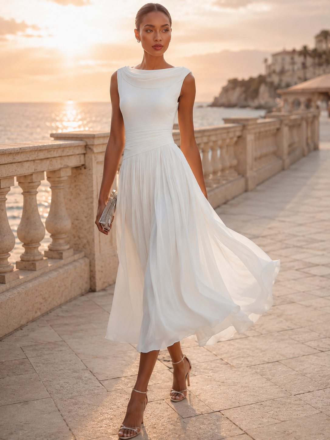 Women's sleeveless pleated midi dress in plus size, perfect for formal cocktails, featuring a flattering silhouette and elegant design. 7