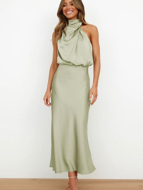 Satin Halter Neck Bodycon Maxi Dress