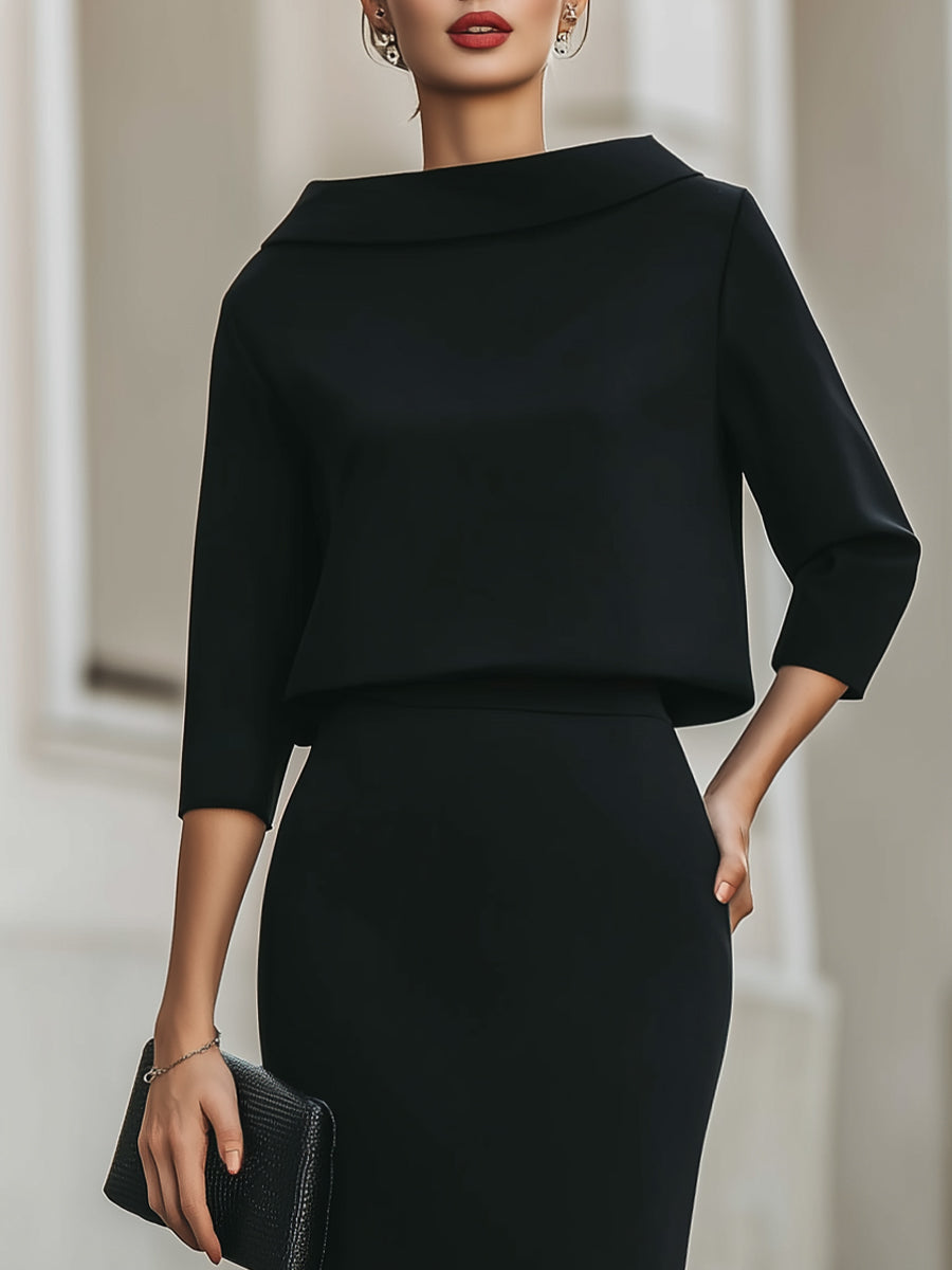 Boat Neck Top High-Waist Midi Skirt Set