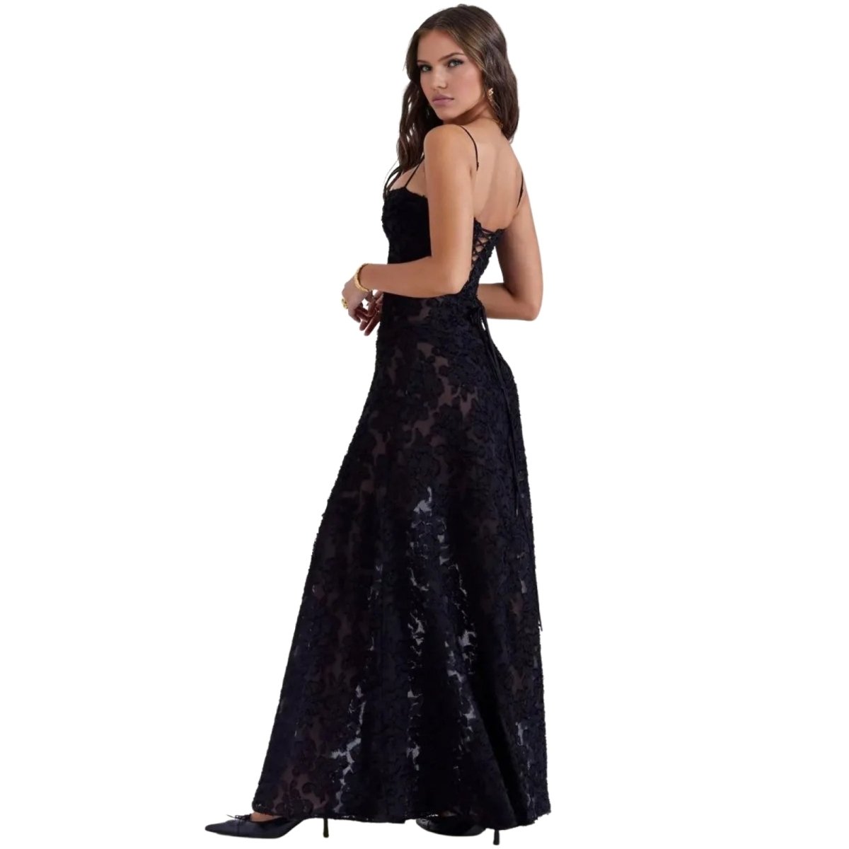 Floral Jacquard Maxi Gown with Corset Back